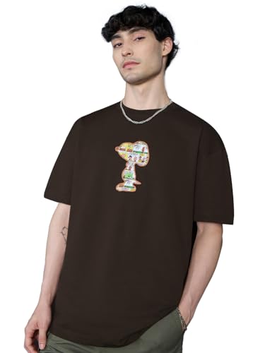 The Souled Store Peanuts: Joe Cool Men and Boys Short Sleeves Round Neck Brown Applique Patch Cotton Oversized T-Shirts