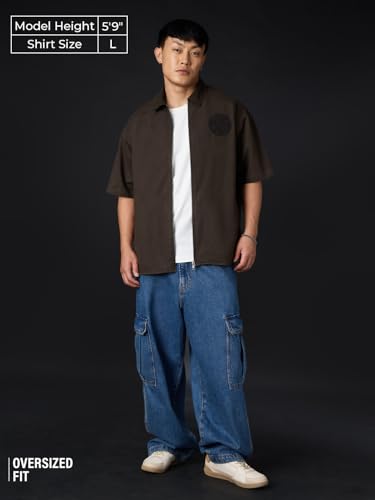 The Souled Store Kung Fu Panda: Po Men and Boys Half Sleeve Spread Collar Button Front Dark Brown Embroidered Cotton Oversized S