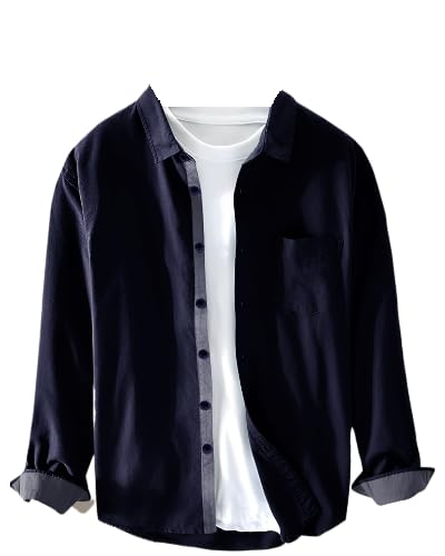 Pinkmint Men Cotton Soild Spread Collar Long Sleeve Shirt Formal Wear Navy Blue