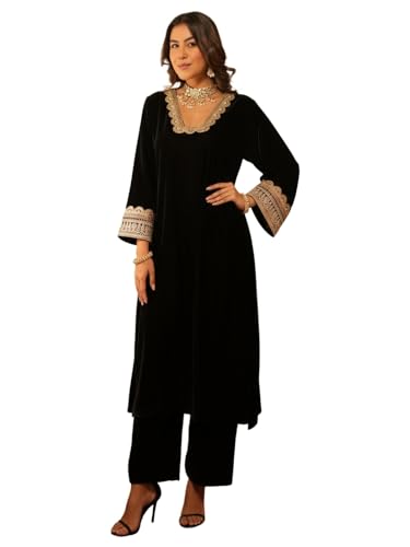 Anni Designer WomenS Rayon Viscose Solid Straight Kurta With Pant (Moonlight Black_Xxl_Black_Xx-Large)