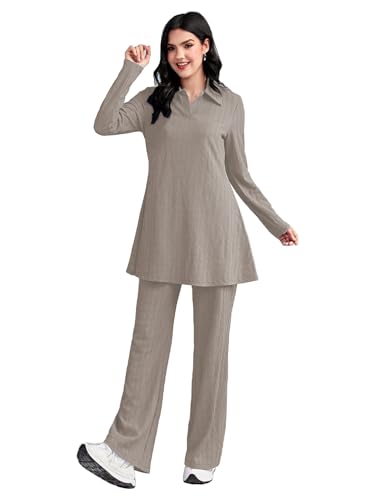 TADKEE Womens Solid Color Two-Piece Set | Long Sleeve Top & Wide Leg Pants Co-ord Set | Casual Wear Co ord Set (FN-Full-Sleeve-