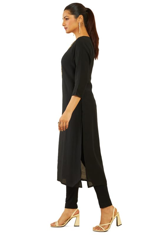 Soch Womens Black Viscose Blend Straight Kurta With Floral Cutdana Work