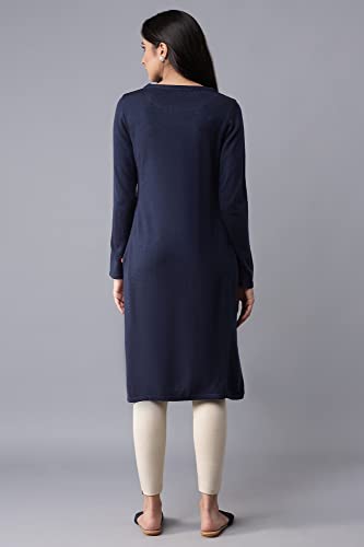 W for Woman Women's Acrylic Dark Blue Slim Fit Winter Dress Knee-Length