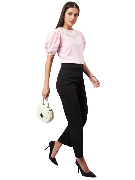 Style Quotient Womens Pink Round Neck Puff Sleeves Smart Top