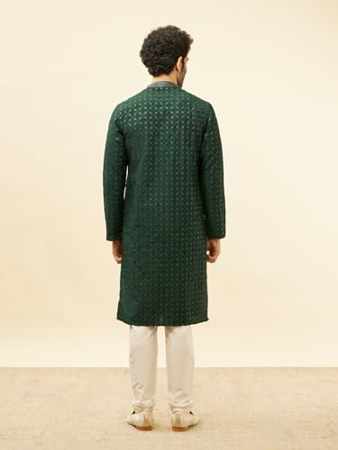 Manyavar Mens Green Art Silk Self Design Kurta Pyjama Set