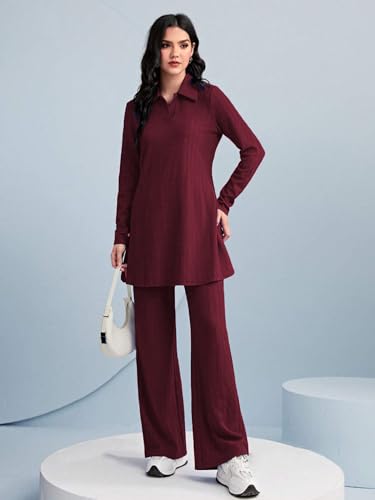 TADKEE Womens Solid Color Two-Piece Set | Long Sleeve Top & Wide Leg Pants Co-ord Set | Casual Wear Co ord Set (FN-Full-Sleeve-