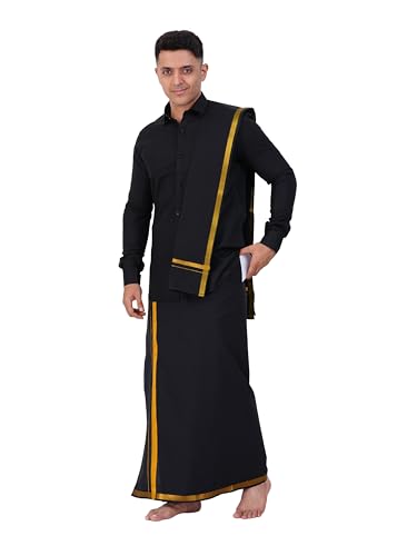 Prakasam Cotton Mens Flexi Readymade Black Jari Border Dhoti + Full Sleeve Black Shirt + Matching Black Jari Border Towel