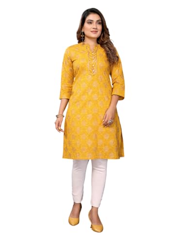 rangita Mustard Cotton Knee Length Embroidered Straight Kurti | Kurta for Women