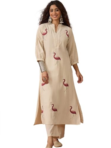 Varanga Flamingo Embroidered Kurta Paired with Solid Trousers White