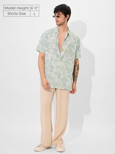 The Souled Store Botany Men And Boys Short Sleeves Collared Neck Button Front Green All Over Printed Rayon Holiday Shirts