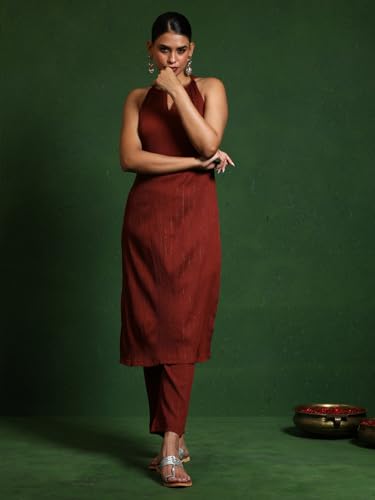 Varanga Women Brown Halter Neck Straight Kurta With Trouser