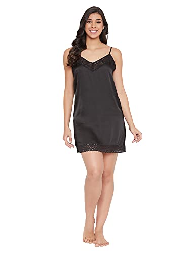 Clovia Womens Satin Mid Thigh Length Casual Regular Nightgown (NS1157P13M_Black_M)