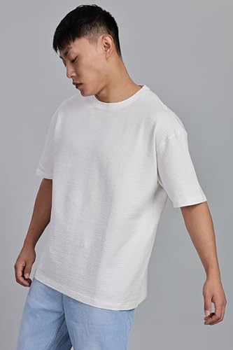 FYLTR Mens Solid Fit Oversized T-Shirt (FYLSS25MTS-303_Vanilla Bean