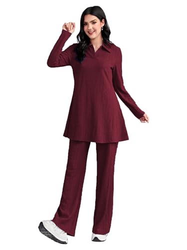 TADKEE Womens Solid Color Two-Piece Set | Long Sleeve Top & Wide Leg Pants Co-ord Set | Casual Wear Co ord Set (FN-Full-Sleeve-