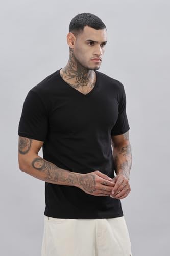 ADRO Men's V Neck Solid Cotton T-Shirt (VN-M-PLN-BL_Black)