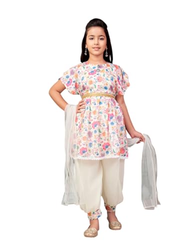 Aarika Girls Ethnic Wear Pink-Cream Colour Floral Print Silk Kurti Patiala Set (4-13 Years)
