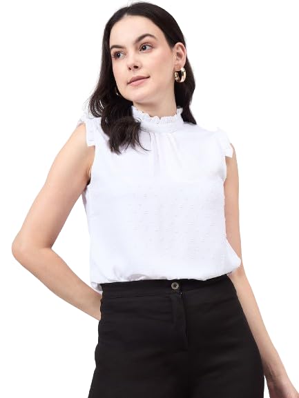 Style Quotient Women Self Design White Swiss Dot Regular Fit Formal Top