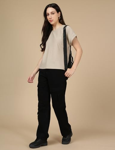 Fyltr WomenS Solid Regular Fit Textured T-Shirt | Cap Sleeves | Comfortable (Fylss25Wkt-1402_Malibu Beige