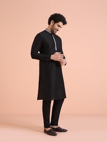 Kisah Men Black Kurta, Cotton, Full Sleaves, Knee Length, Straight, Regular Fit, Mandarin Collar Ethnic Wear-40