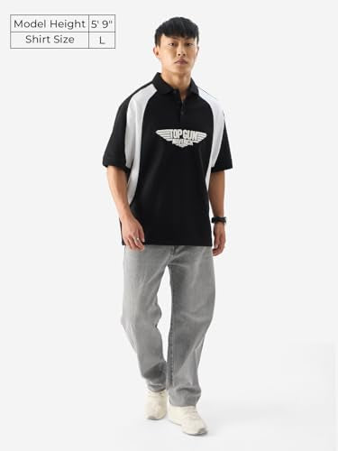 The Souled Store Official Top Gun: Maverick Men And Boys Short Sleeve Black Graphic Print Oversized Fit Polos Oversized Polo T-S