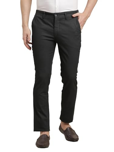 Turtle Men Cotton Stretch Black Printed Narrow Fit Casual Trouser