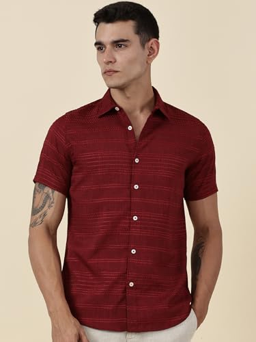 Thomas Scott Short Sleeve Embroderied Casual Shirt for Men Red