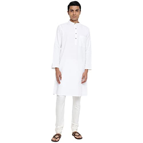 Fabindia Men Cotton Dobby Printed Long Kurta White_Xl