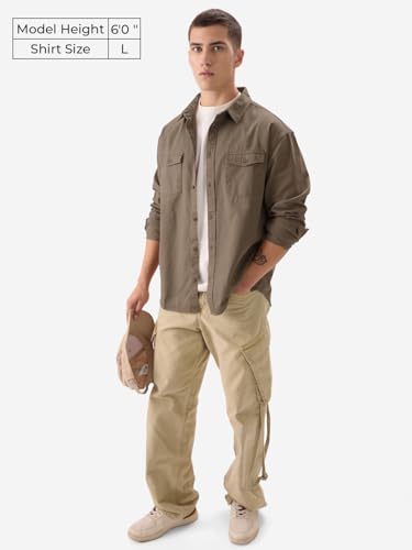 The Souled Store Solids: Brown Men And Boys Long Sleeve Collared Neck Button Front Regular Fit Utility Shirts