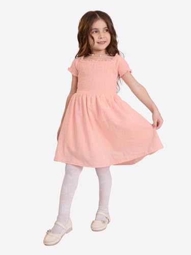 The Souled Store Solids: Fuzzy Peach Girls Square Neck Short Sleeves Knee Length Cotton Dresses