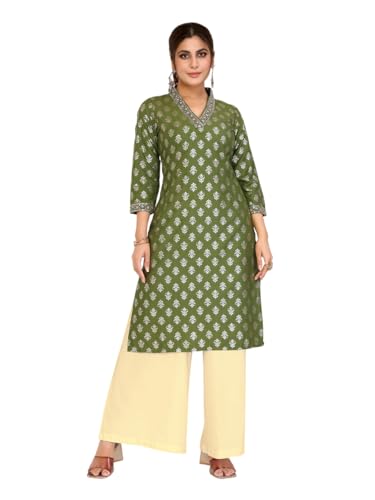 rangita Green Rayon Straight Embroidered Calf Length Kurti | Kurta for Women
