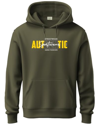 ADRO Men's Cotton Blend Neck Hooded Sweatshirt (H24-SPT-OL-M_Olive)
