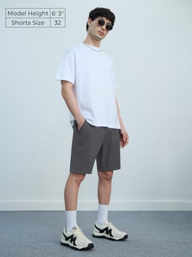 The Souled Store Chino Shorts: Storm Grey Men and Boys Buttoned Solid Regular Fit Knee Length Cotton Blend Chino Shorts