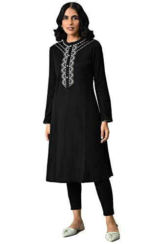 W for Women Black Acrylic Statement Winter Kurta