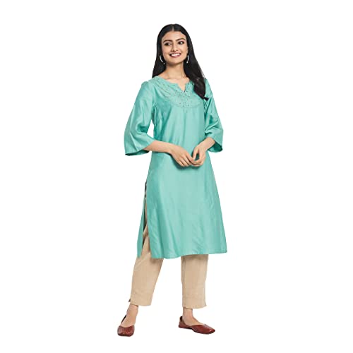 Fabindia Women Silk Straight Knee Length Kurta Viscose_Blue