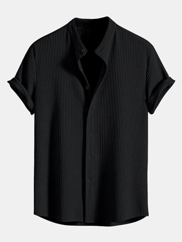 Greciilooks MenS Summer Casual Two Piece Outfit, Textured Button Down Shirt And Shorts Set Black