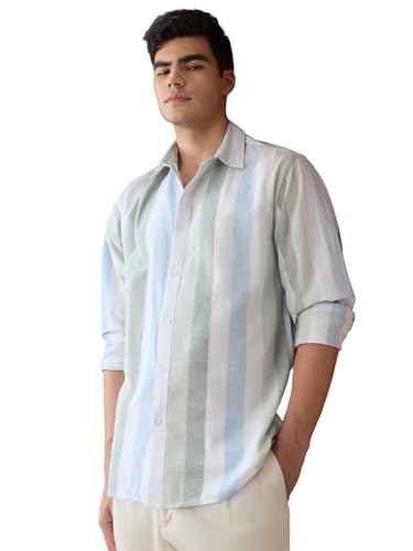 The Souled Store Cotton Linen Stripes: Seaside Men and Boys Long Sleeve Collared Neck Button Front Light Green and White Striped