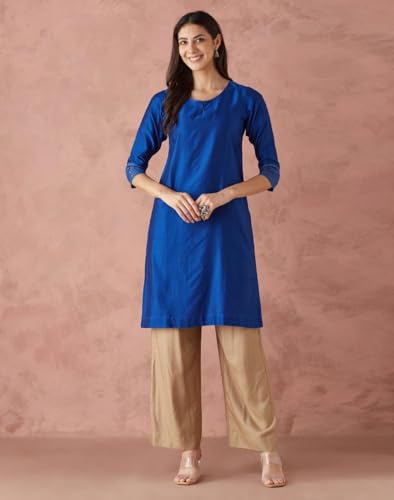 Fabindia WomenS Cotton Silk Woven Regular Fit Kurta (1039090Royalblue_Royal Blue