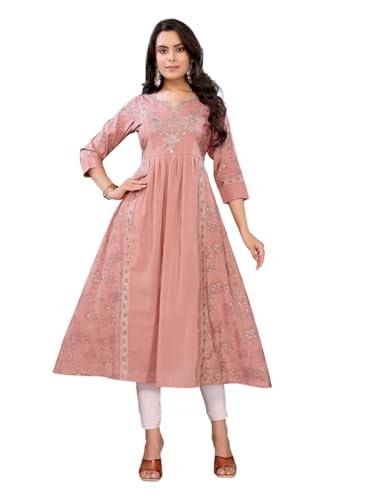 rangita Peach Viscose Poly Anarkali Printed Calf Length Kurti | Kurta for Women