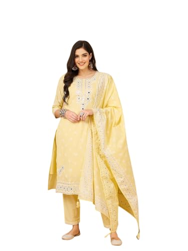 ishin Women Ethnic motifs printed mirror work inspired straight kurta with pants and dupatta