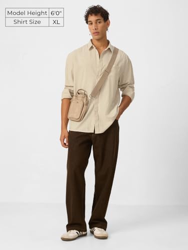 The Souled Store Solids : Ecru Beige Men And Boys Collared Neck Long Sleeve Button Front Regular Fit Cotton Linen Shirt