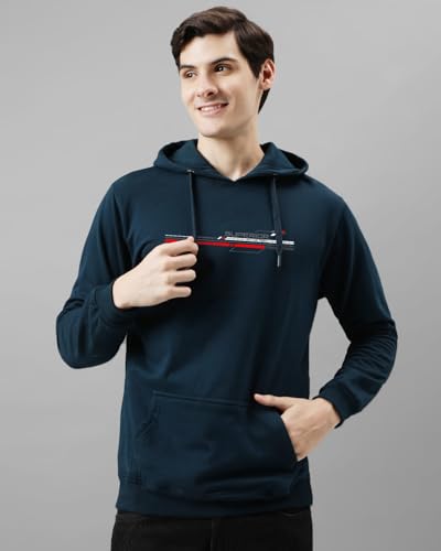 ADRO Men's Printed Hoodie - Teal Blue, Size 34, Model H24-RAC-SB, Cotton Blend