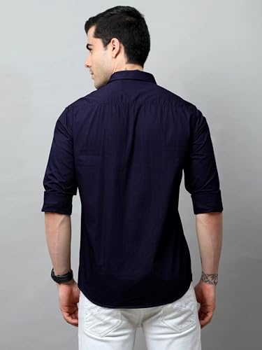 Pinkmint Cotton Soild Shirt for Men Long Sleev Spread Collar Pattern Formal Shirt, Casual Wear Dark Blue