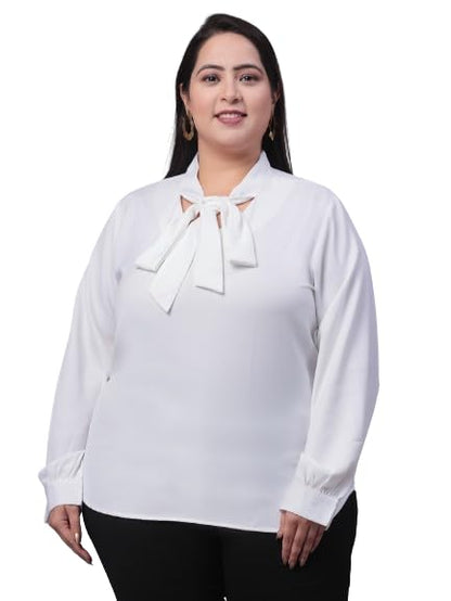 Style Quotient Women White Tie-Up Neck Full Sleeves Smart Plus Size Top