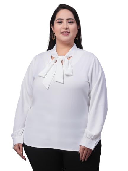 Style Quotient Women White Tie-Up Neck Full Sleeves Smart Plus Size Top