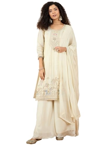 Varanga Women Thread Embroiderd Zari Yoke On The Kurta Paired With Solid Sharara And A Lace Detailing On Dupatta