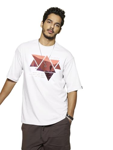 Bewakoof MenS Graphic Printed 100% Cotton T-Shirt - Oversized Fit, Round Neck, Half Sleeves White