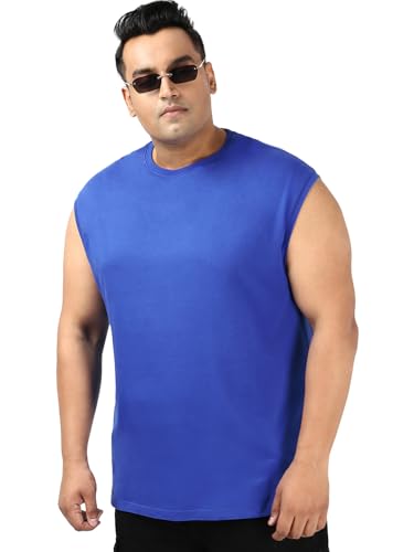 Bewakoof Plus Mens Solid Boxy Fit Sleeveless Round Neck Cotton Plus Size Vest_584355_Blue_3XL