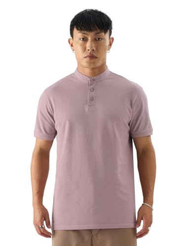 The Souled Store Solids: Dusty Peach Men and Boys Short Sleeve Regular Fit Mandarin Collared Neck Polos Mens Polos Plain Tees C