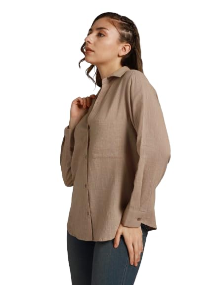 High Star WomenS Cotton Oversized Fit Shirt (Hswshw23509_Tp_Brown