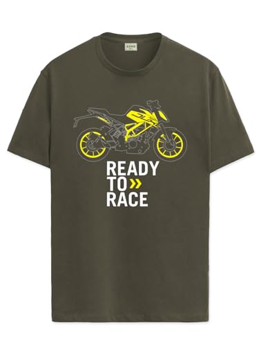ADRO Men's Biker Design Printed 100% Cotton T-Shirt - Regular Fit, Printed T-Shirts for Men (RN24-KTM-OL_Olive_XL)